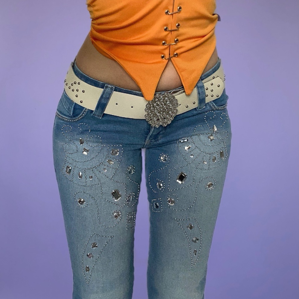 ❌SOLD-DEPOP❌ Y2K Jewelled Flare Jeans & Belt - Picture 1 of 7